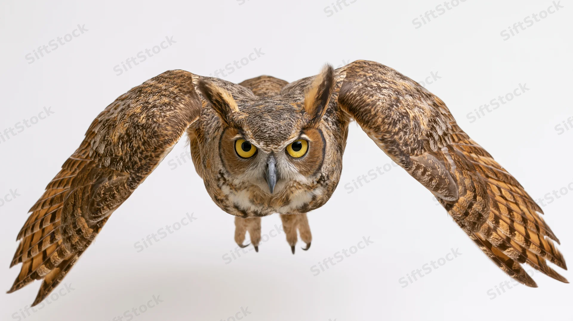 Great horned owl flying directly toward camera with wings fully spread against white background