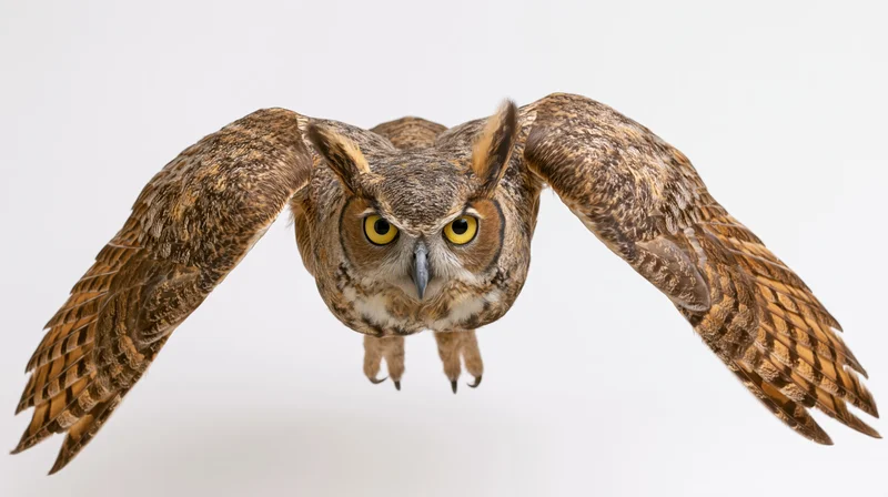 Great horned owl flying directly toward camera with wings fully spread against white background