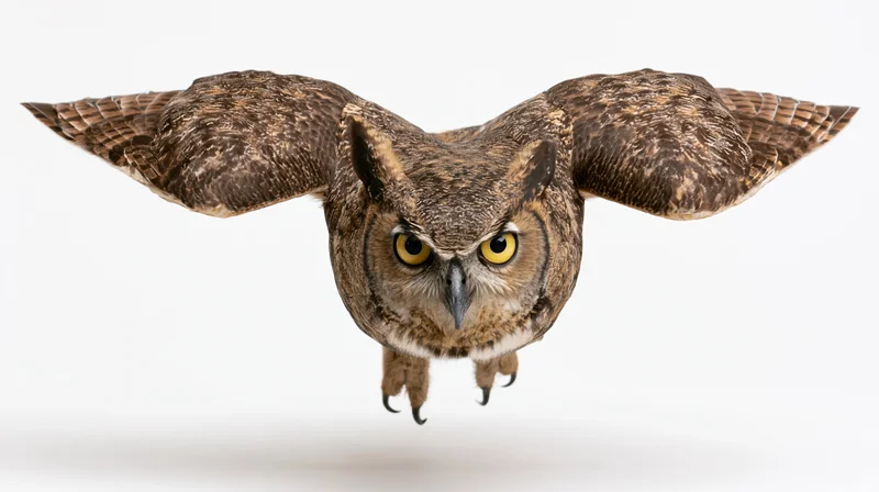 Great horned owl flying directly toward camera with wings fully extended, isolated on white background