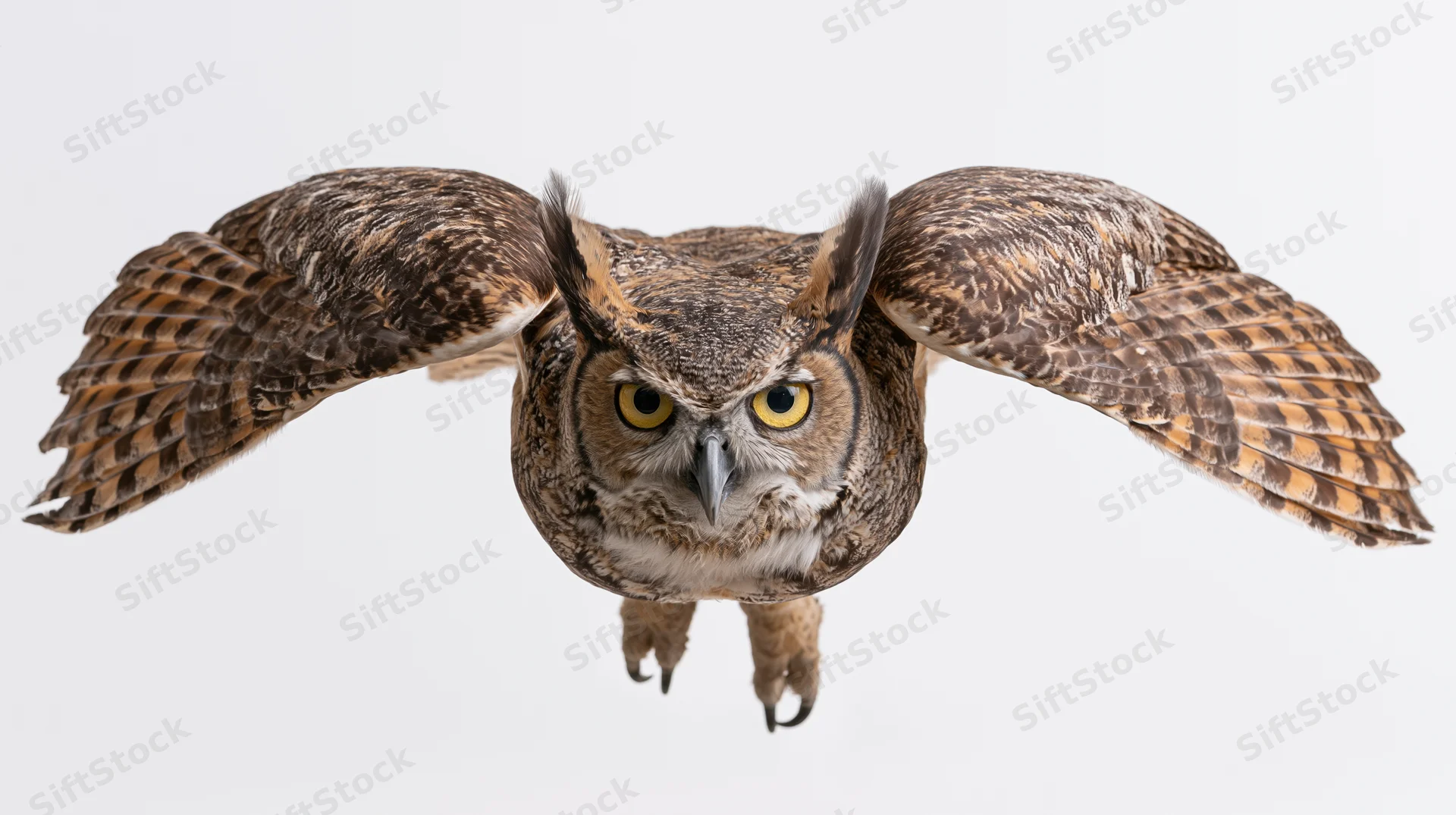 Great horned owl flying directly toward camera with wings fully spread against white background