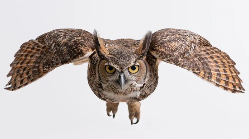 Great horned owl flying directly toward camera with wings fully spread against white background