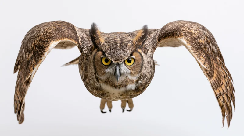 Great horned owl flying directly toward camera with wings fully spread against white background