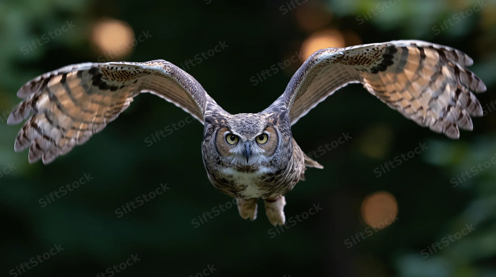 Great horned owl in mid-flight with wings spread facing camera over forest backdrop