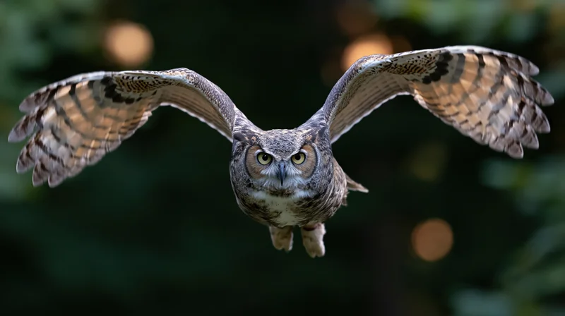 Great horned owl in mid-flight with wings spread facing camera over forest backdrop