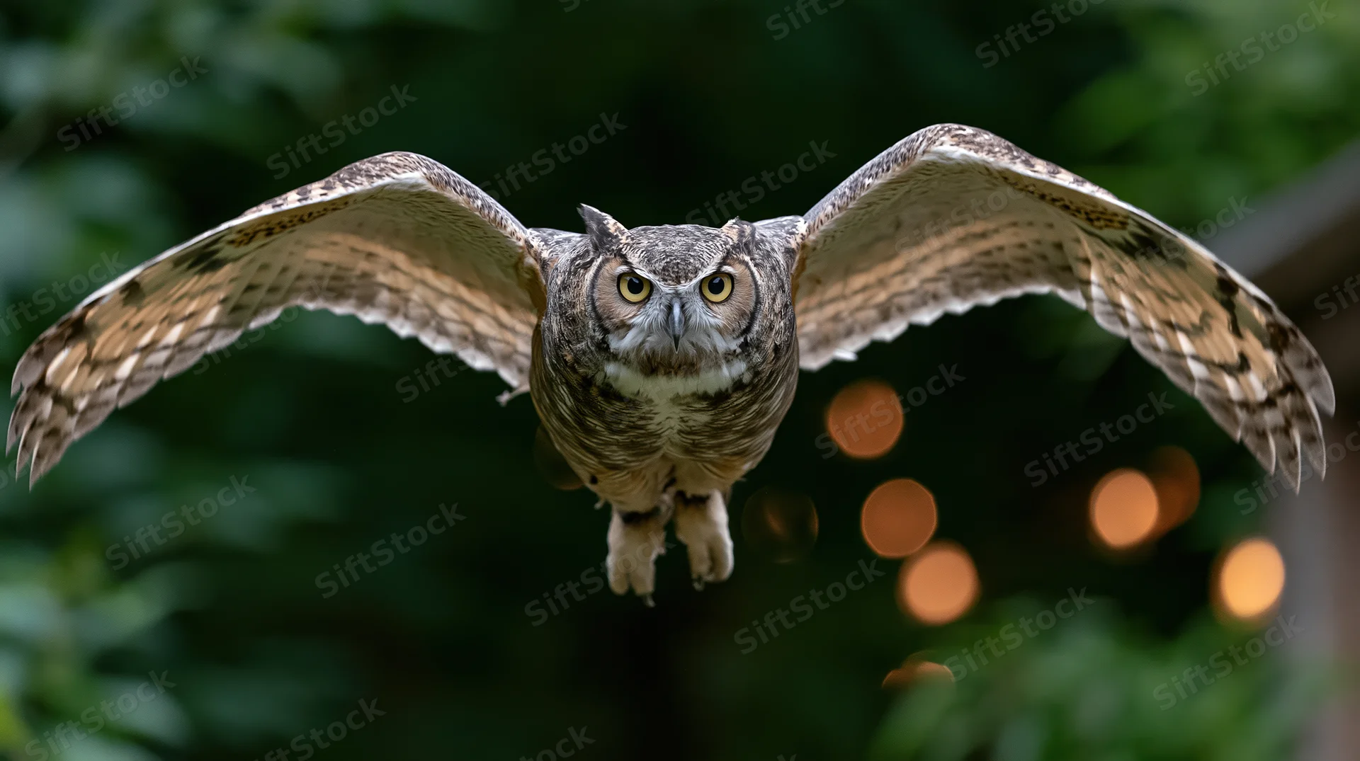 Great horned owl in mid-flight with wings spread wide facing camera over blurred forest background
