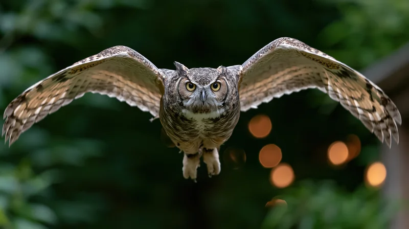 Great horned owl in mid-flight with wings spread wide facing camera over blurred forest background