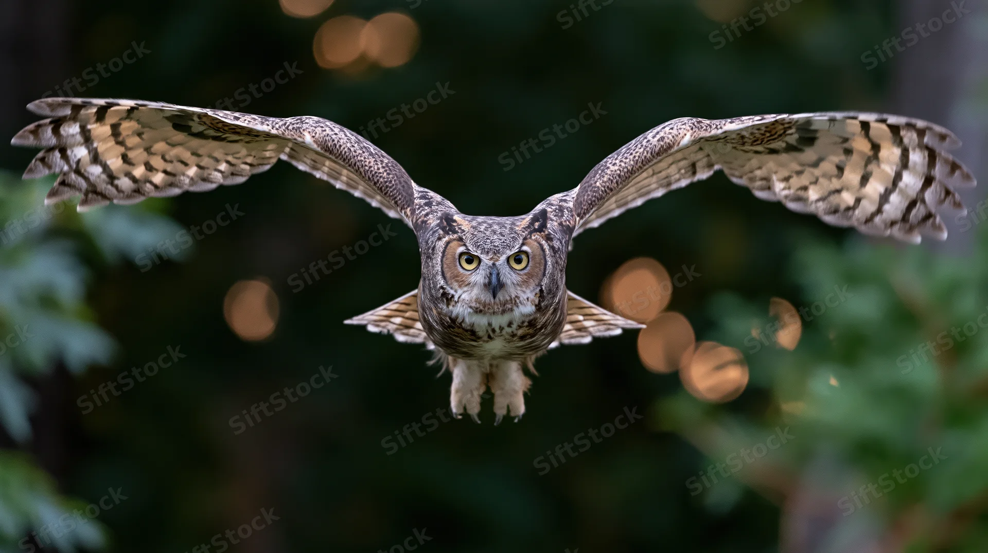 Great horned owl in mid-flight with wings spread facing camera in forest setting