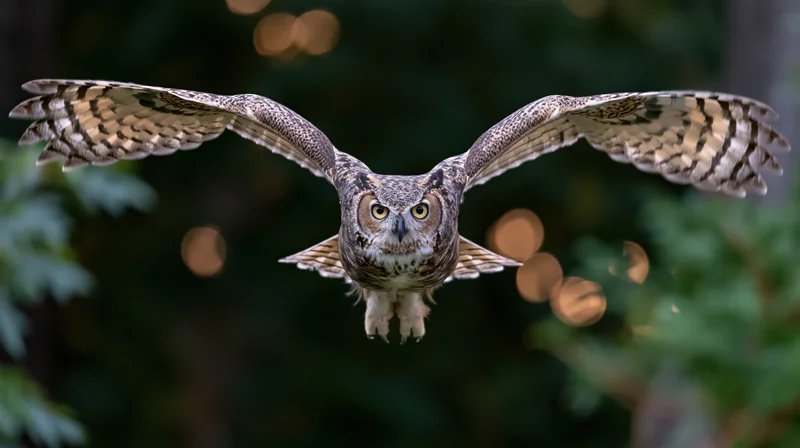 Great horned owl in mid-flight with wings spread facing camera in forest setting