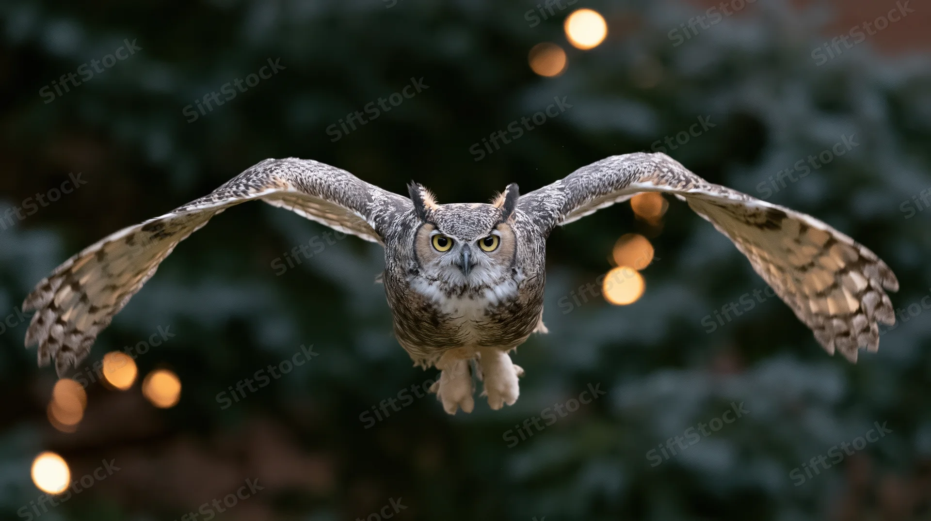 Great horned owl in mid-flight facing camera with wings spread over blurred forest background
