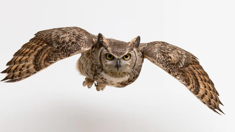 Great horned owl in mid-flight with wings fully spread facing forward against white background
