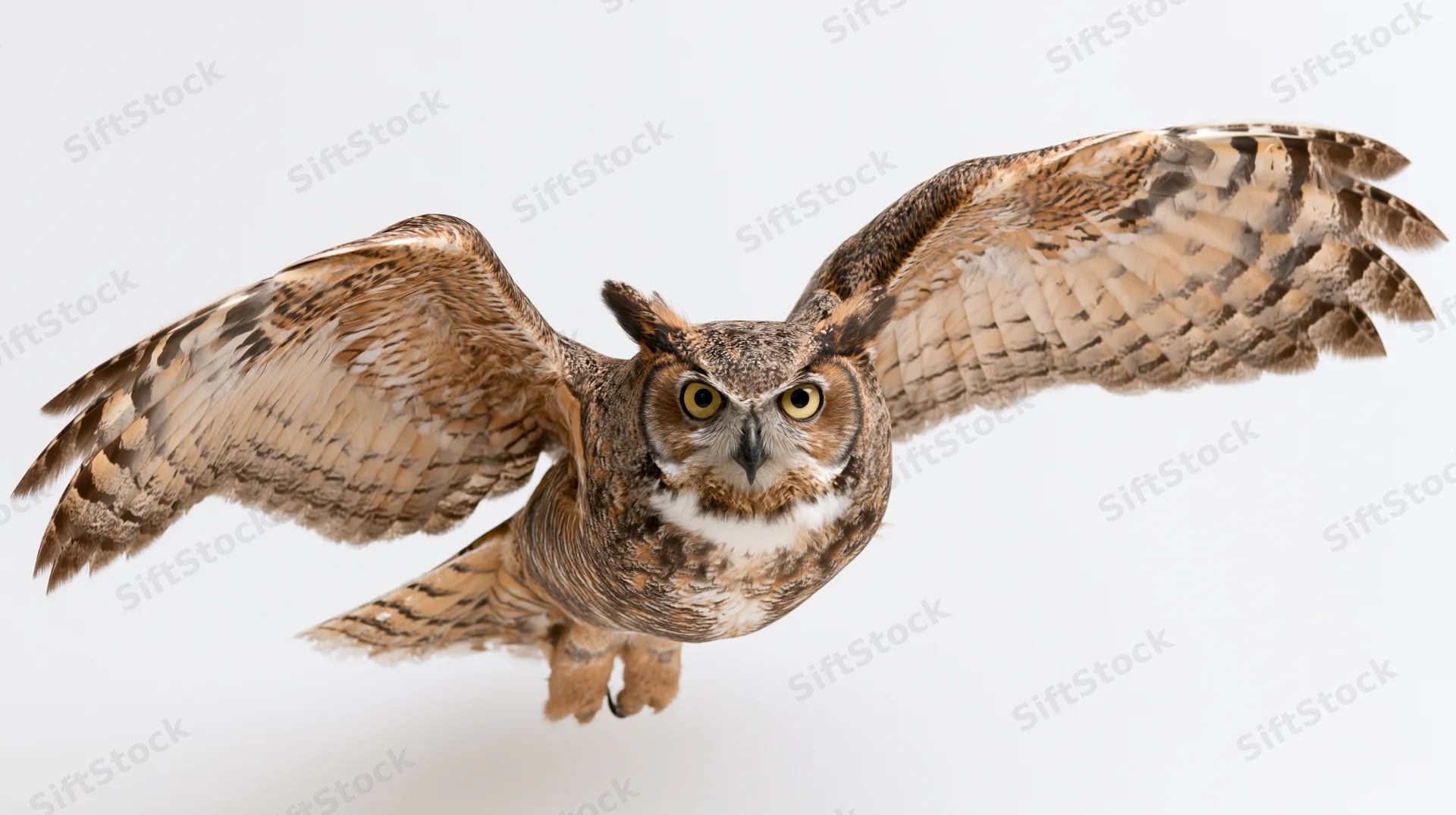 Great horned owl in mid-flight with wings fully spread facing forward against white background