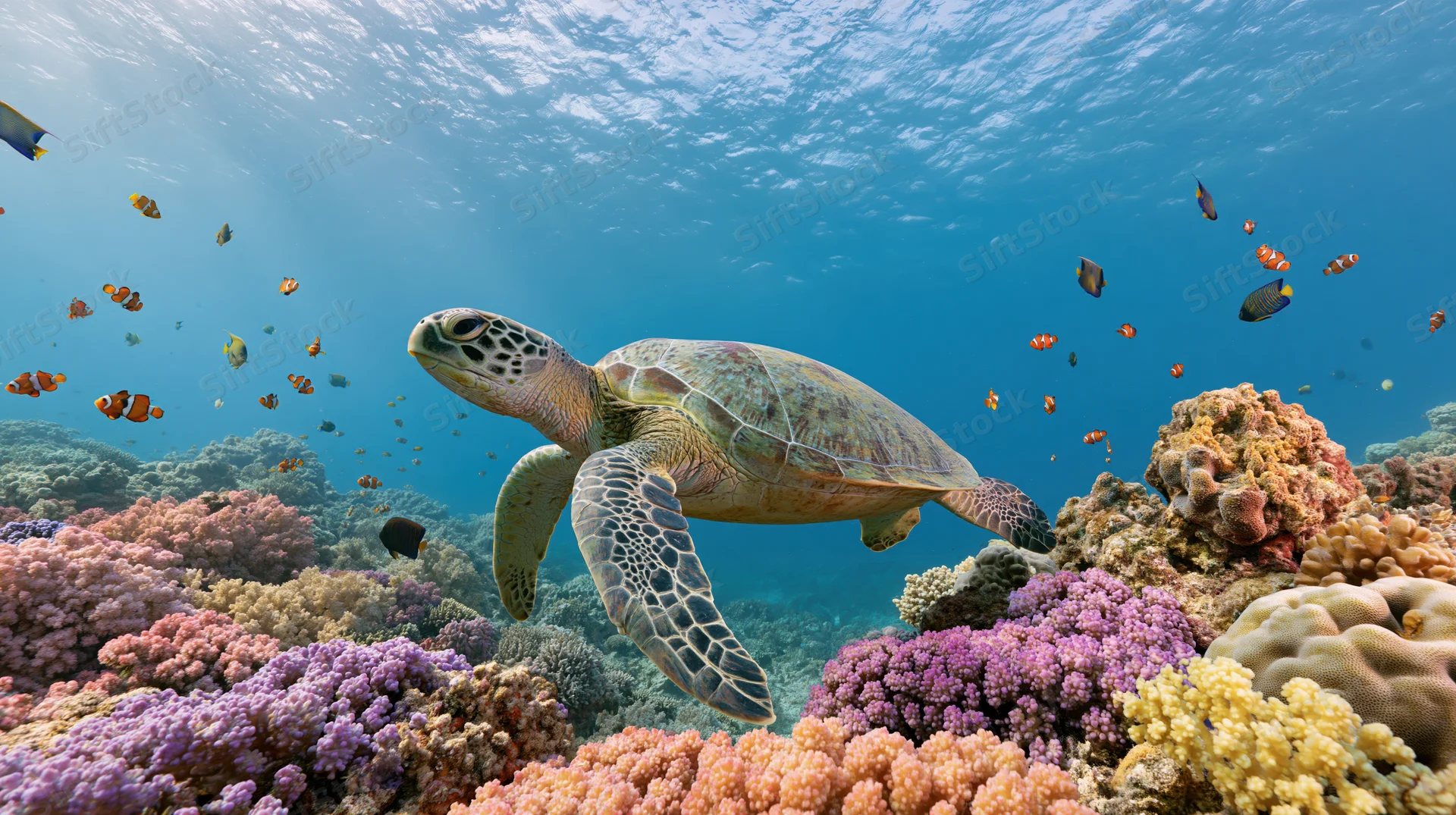 Green sea turtle gliding through shallow coral reef with colorful fish and vibrant corals underwater