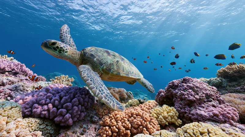 Green sea turtle swimming over colorful coral reef in shallow ocean water