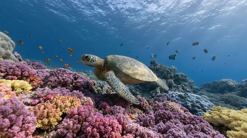 Green sea turtle gliding over colorful coral reef in shallow ocean water