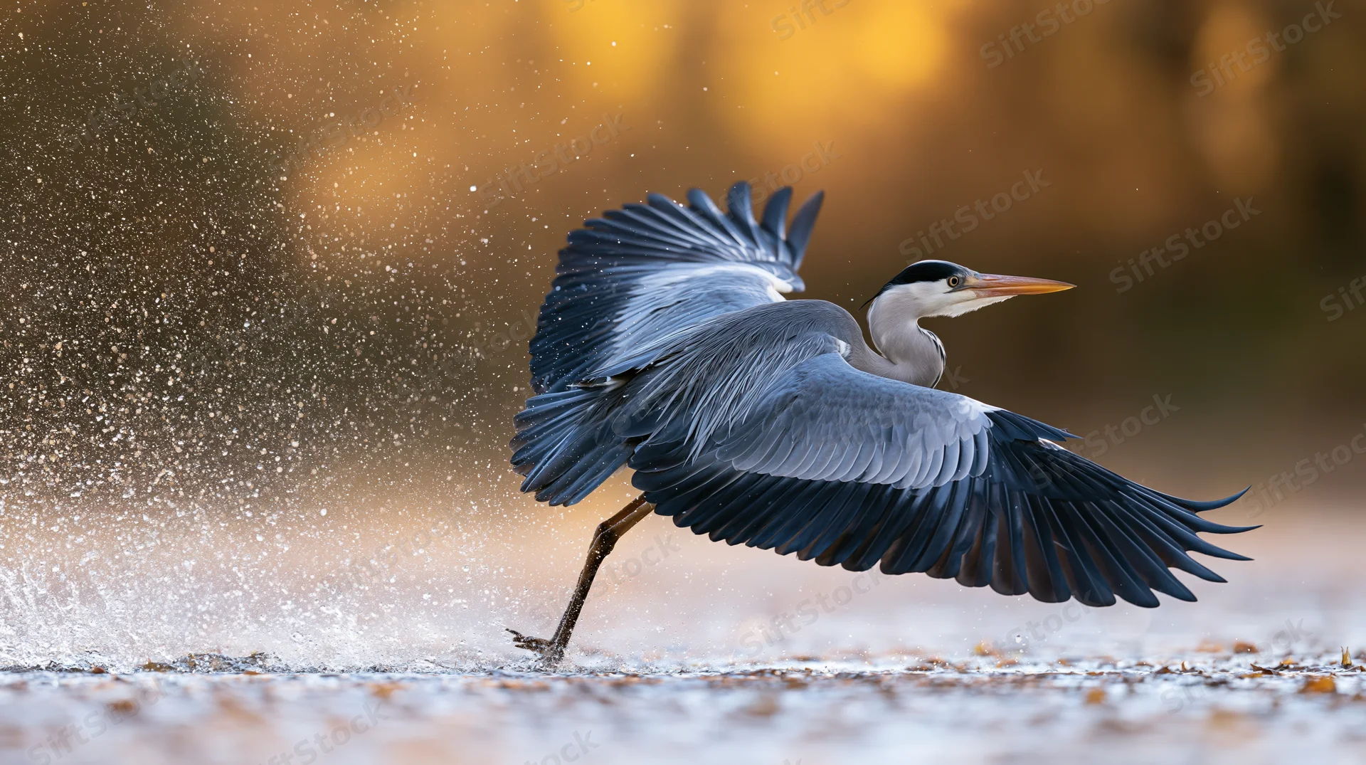 Grey heron taking off from shallow water with wings spread, splashing droplets around it