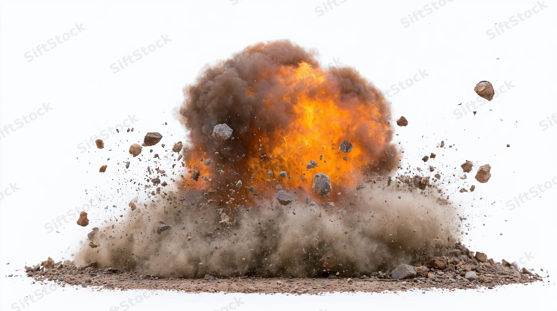 Ground-level explosion erupting with fire and debris against white background