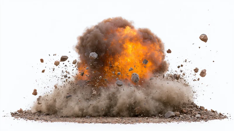 Ground-level explosion erupting with fire and debris against white background