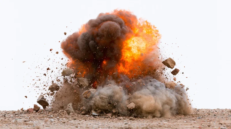Explosion erupting from ground with fire, smoke and debris bursting upward in desert terrain
