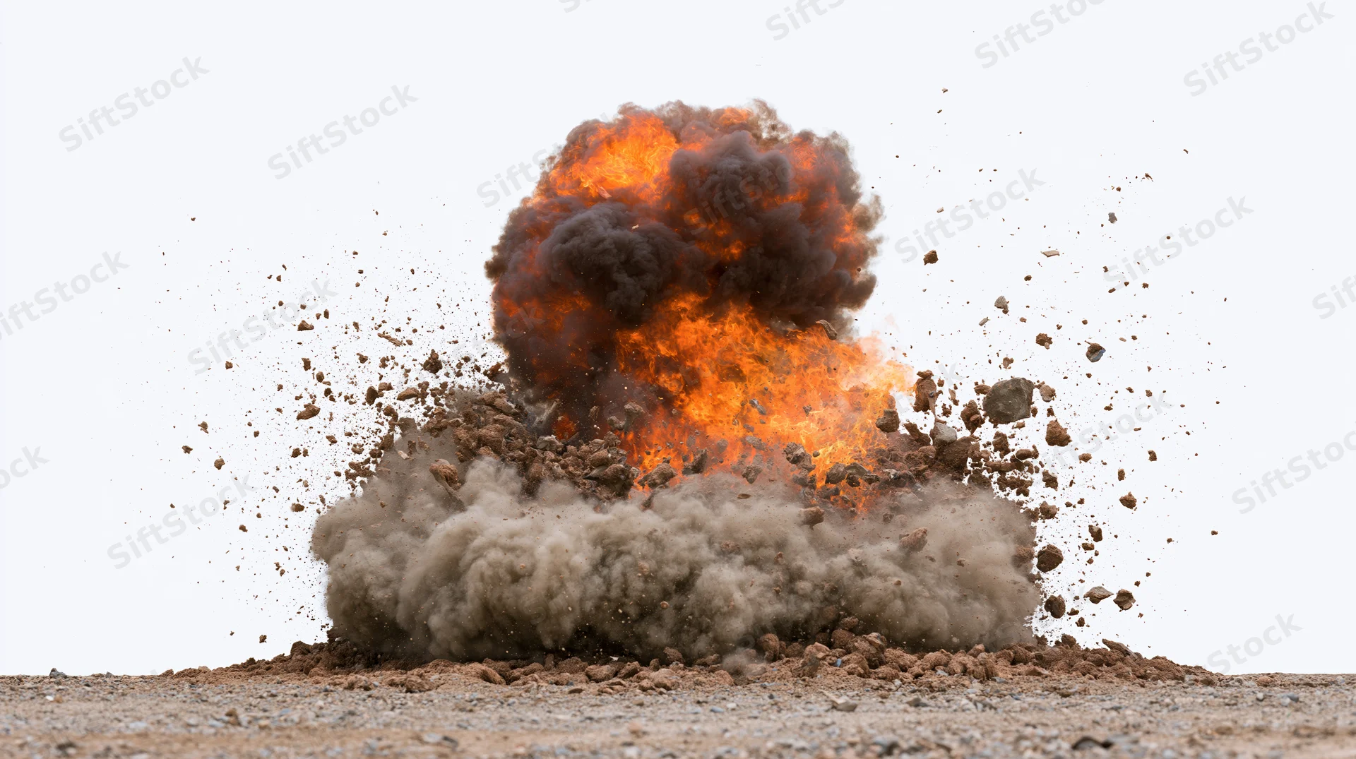 Explosion erupting from ground with fire and debris against white background
