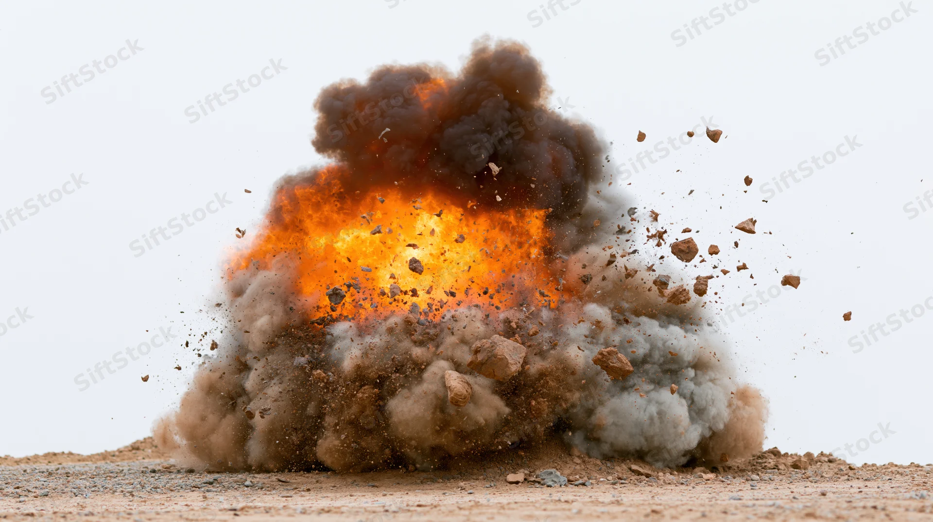 Explosion erupting from ground with fire and debris in desert environment