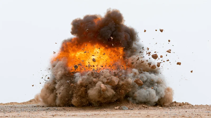 Explosion erupting from ground with fire and debris in desert environment