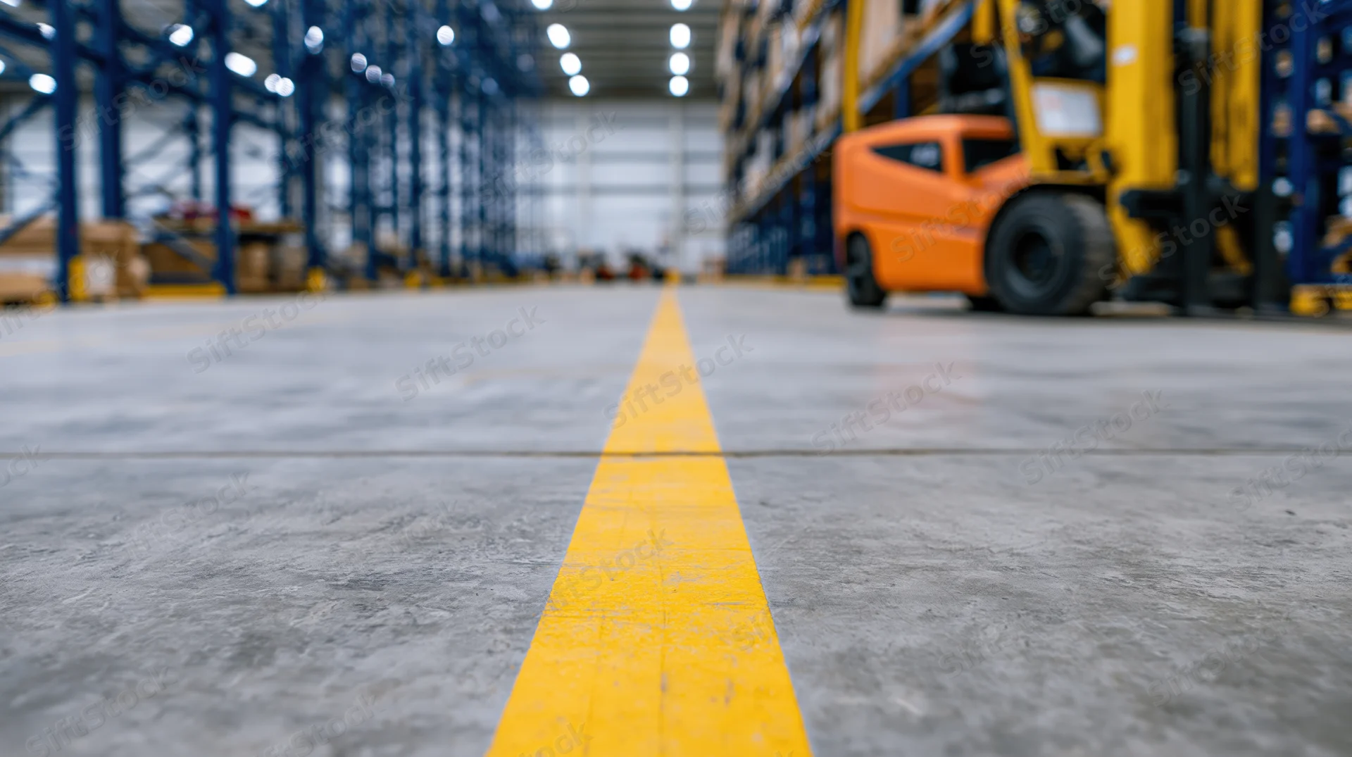 Low-angle view along a yellow safety line on a warehouse floor with forklift and storage racks in background