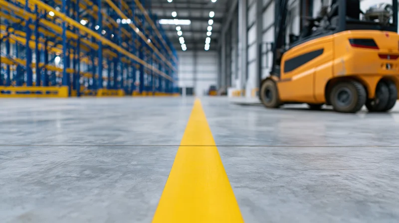Yellow safety line painted on concrete floor in warehouse aisle with forklift and storage racks