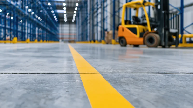 Yellow safety line painted on concrete floor in warehouse aisle with forklift and shelving in background