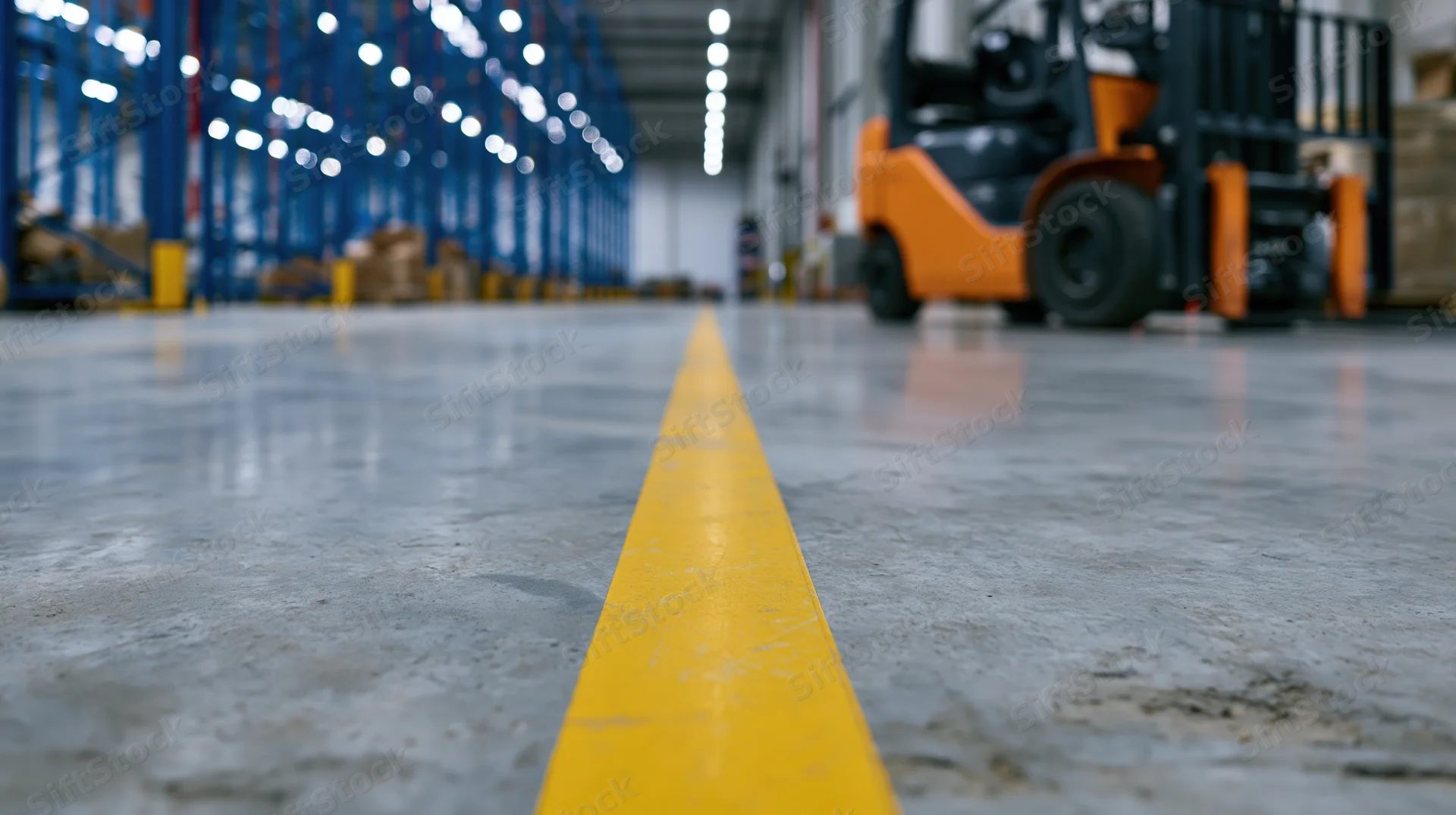 Yellow painted safety line running down concrete warehouse floor with forklift and storage racks in background