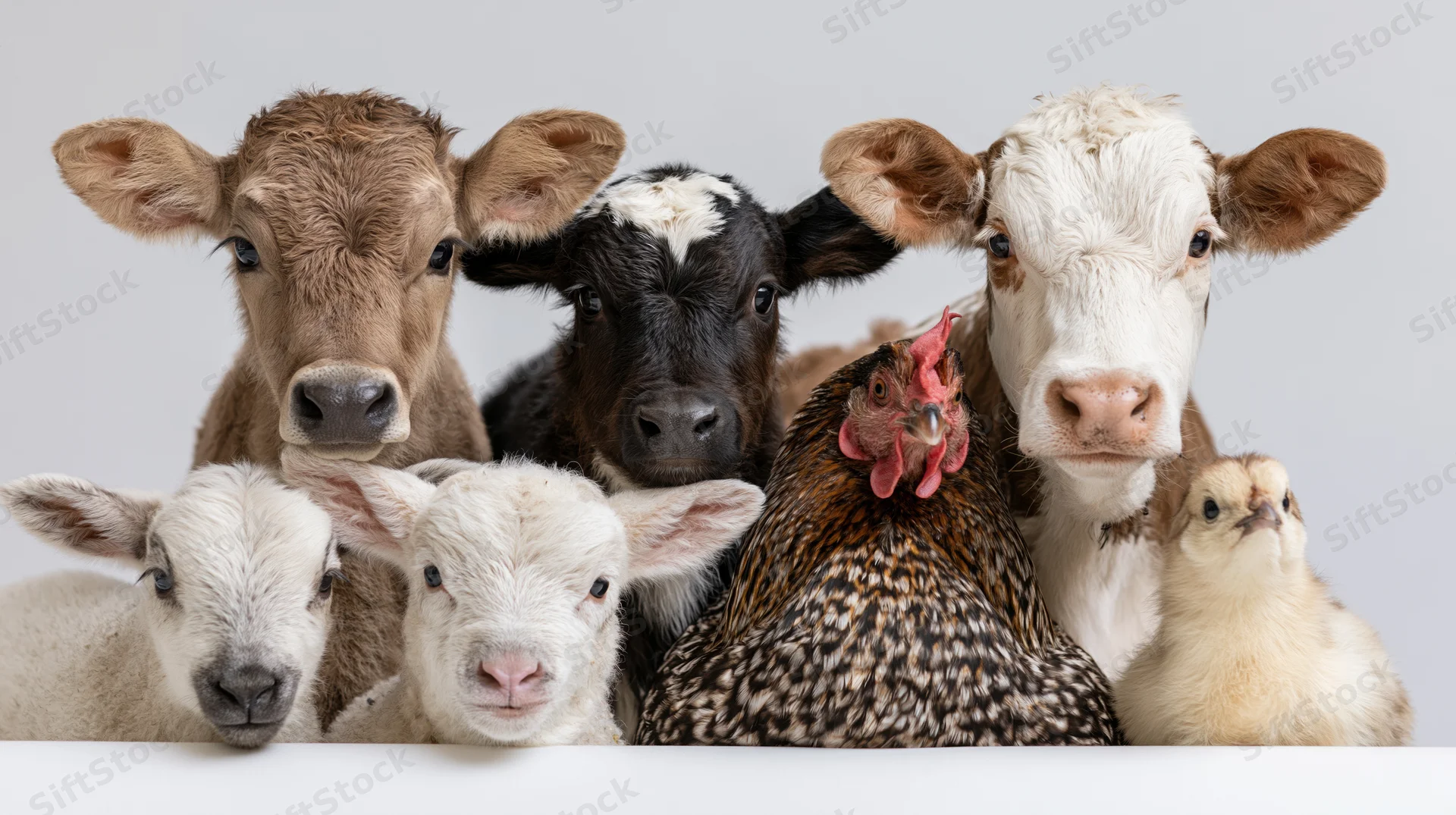 Group of farm animals including calves, sheep, chicken and chick facing camera in studio setting