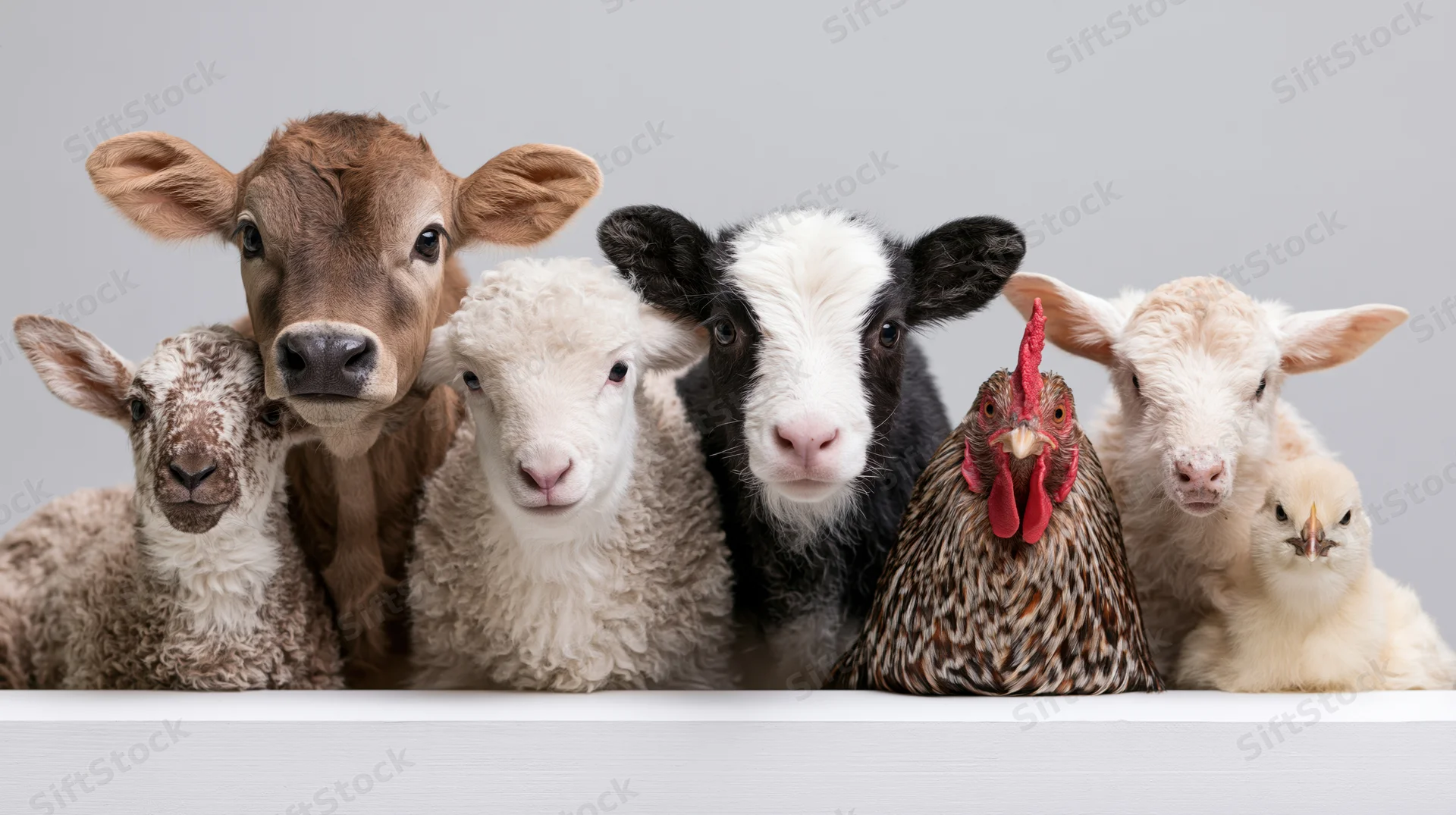 Group of young farm animals including calves, lambs, a rooster and a chick facing the camera in a studio setting