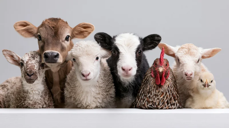 Group of young farm animals including calves, lambs, a rooster and a chick facing the camera in a studio setting