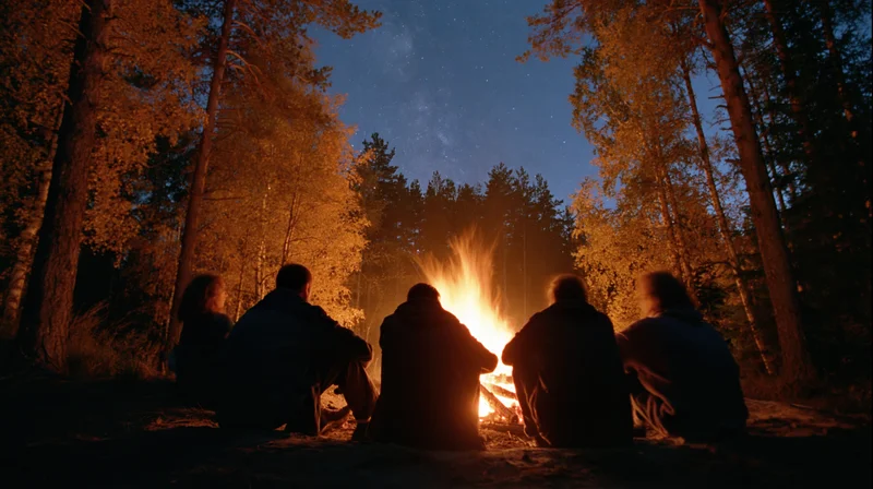 Five people in silhouette sitting around a campfire in a forest at night under a starry sky