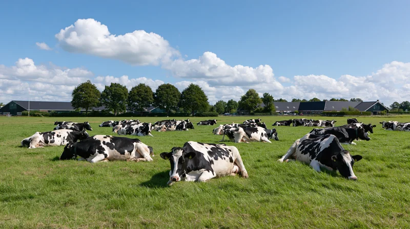 Herd of holstein dairy cows resting on a grassy pasture near farm buildings under a blue sky with clouds