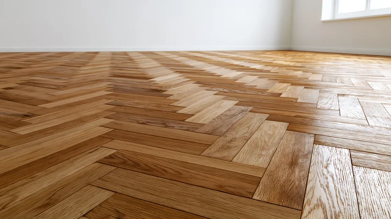 Herringbone oak parquet floor in an empty room with white walls and natural light from a window