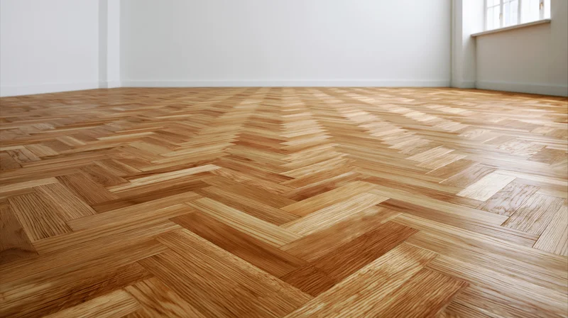 Herringbone oak parquet floor in a bright empty room with white walls and sunlight from a window