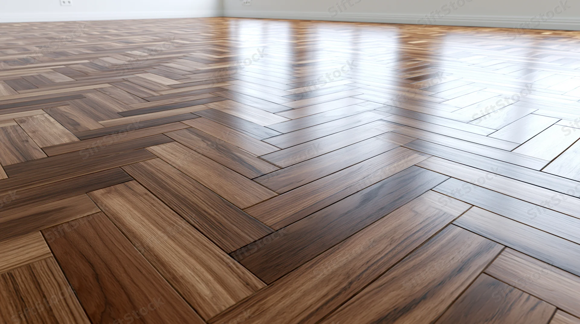 Herringbone pattern hardwood parquet floor extending into a bright interior space