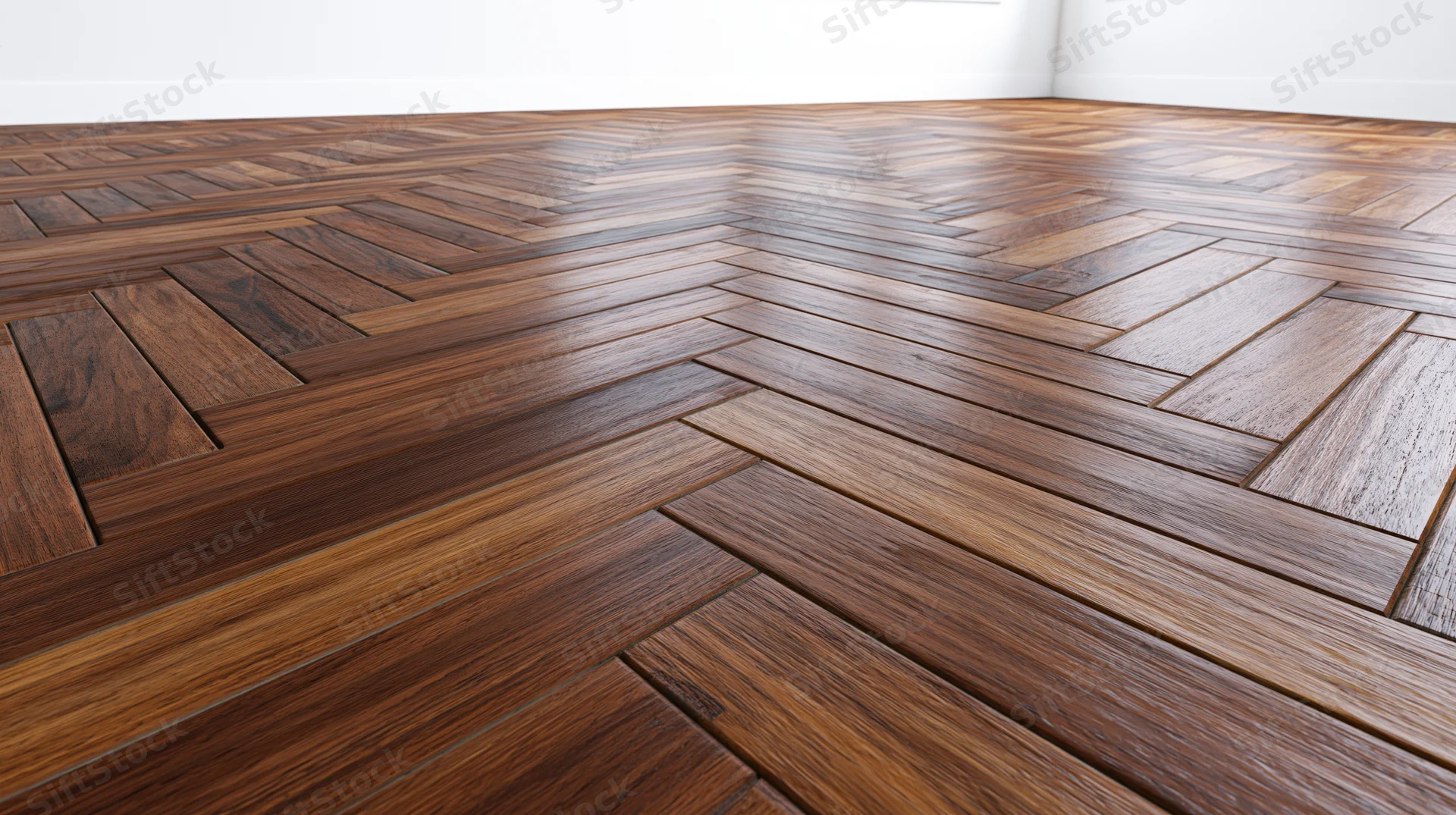 Herringbone pattern hardwood parquet floor extending to the corner of a bright room