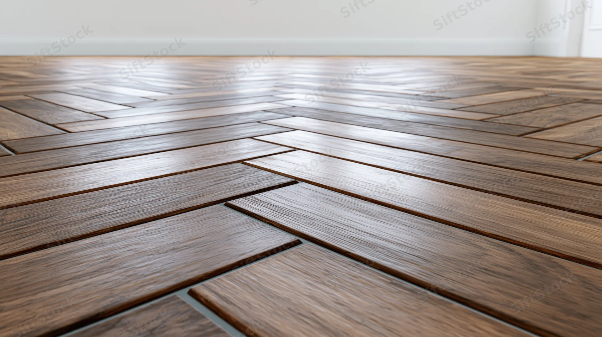 Herringbone pattern hardwood parquet floor extending into a bright room