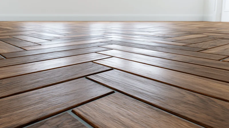 Herringbone pattern hardwood parquet floor extending into a bright room