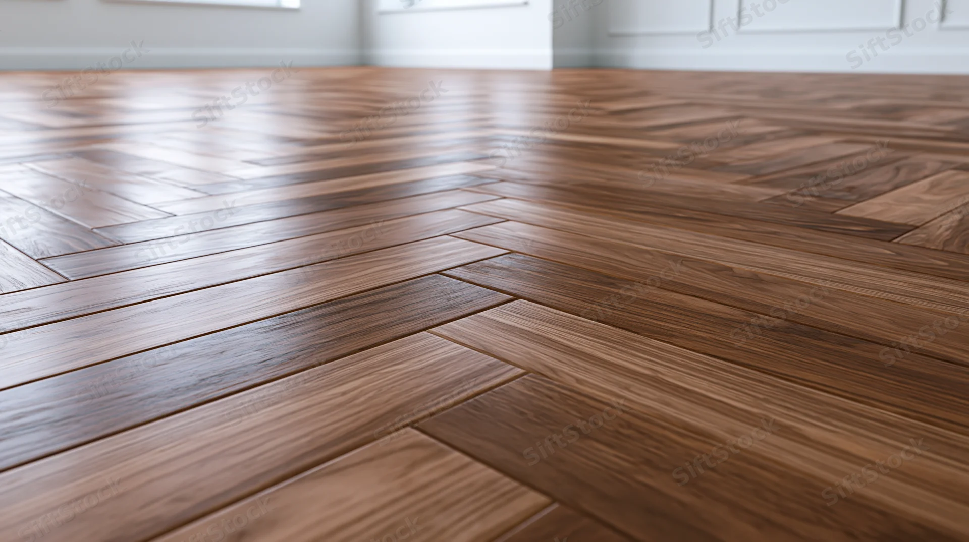Herringbone hardwood parquet floor in a modern interior space