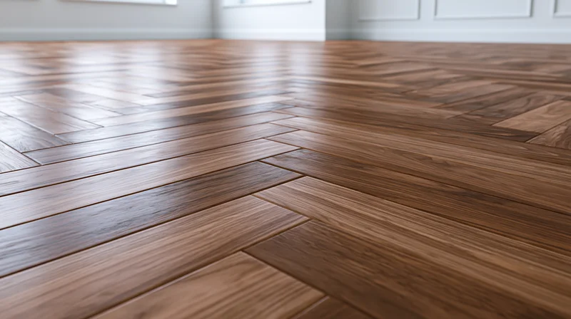 Herringbone hardwood parquet floor in a modern interior space