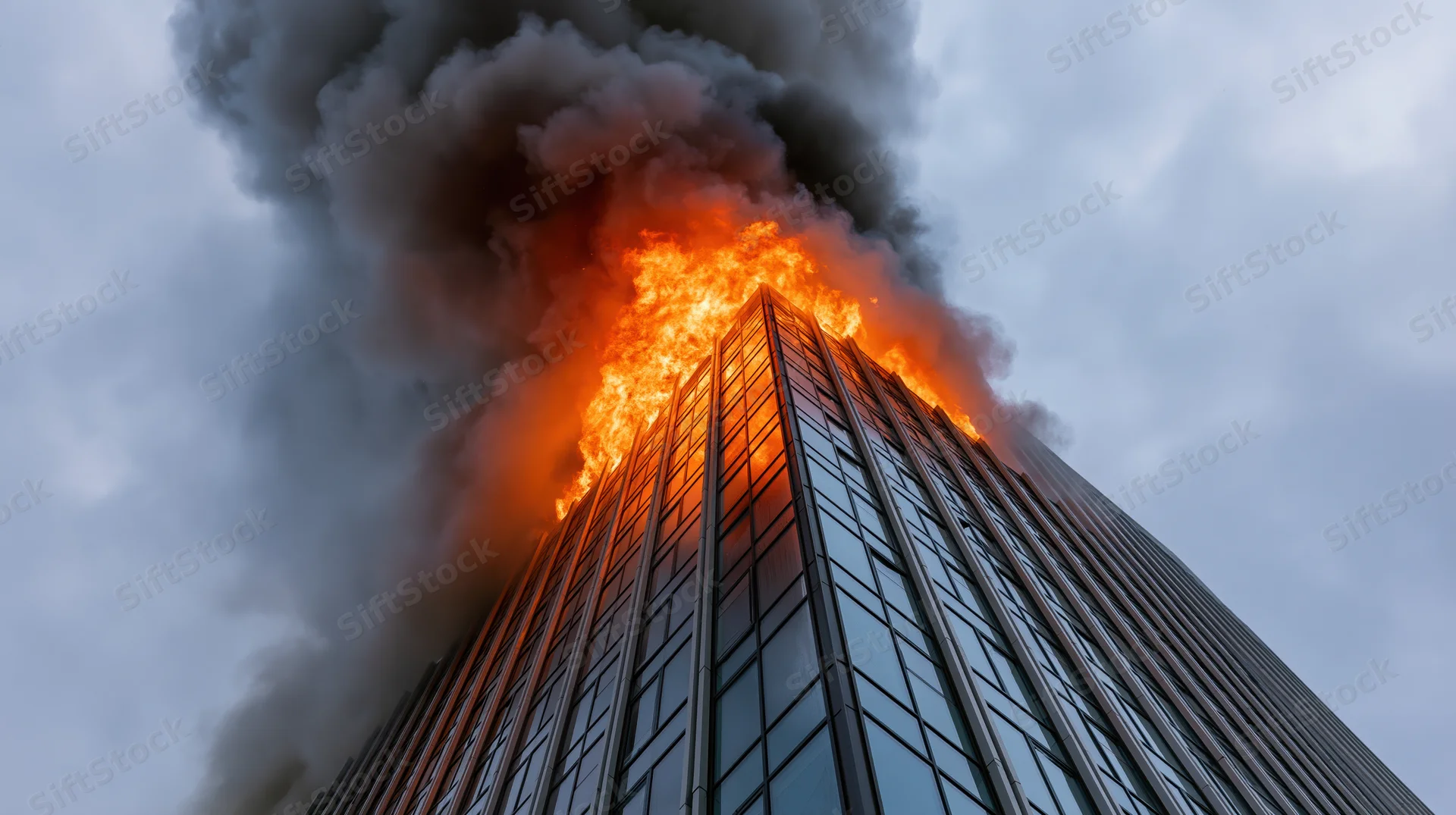 Flames engulfing the top of a glass skyscraper against an overcast sky