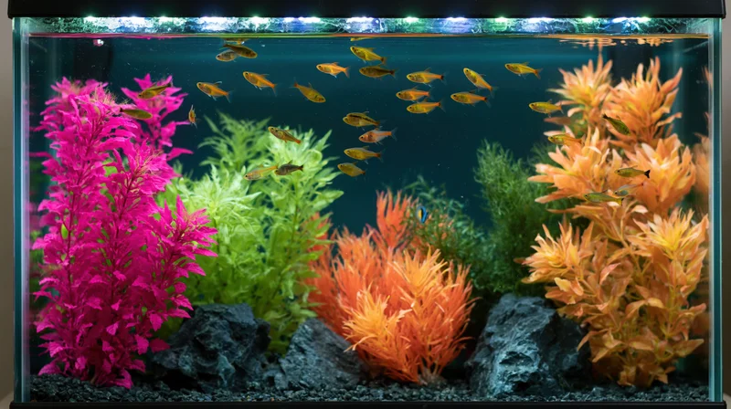 Small tropical fish swimming among colorful artificial plants and rocks in a home aquarium