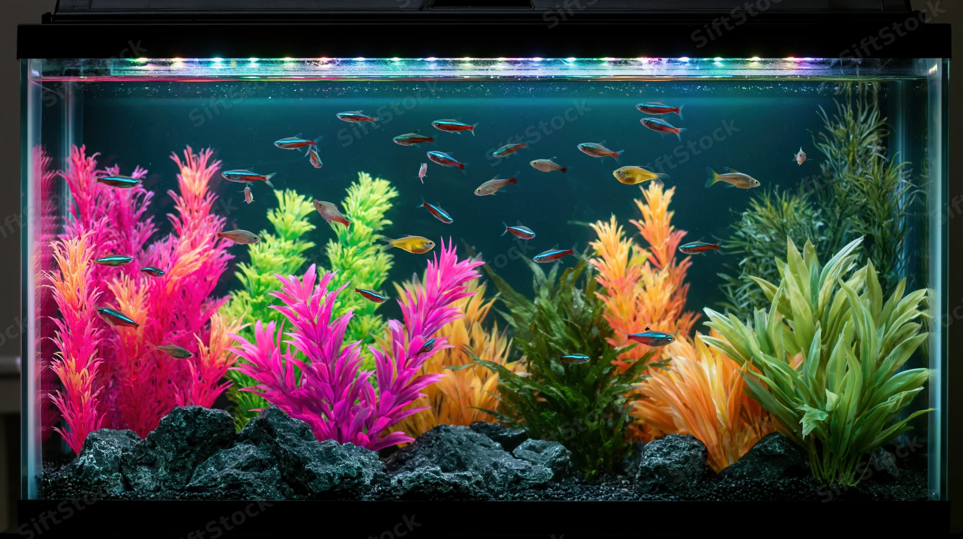 Tropical fish swimming among colorful artificial plants in a home aquarium tank