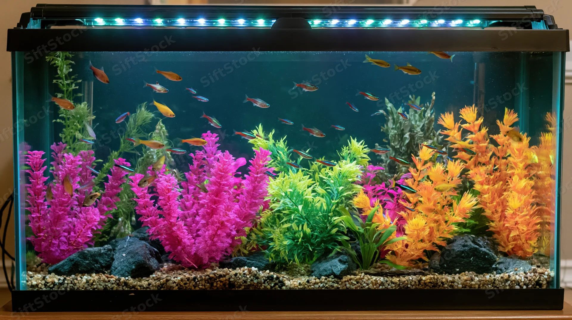 Home aquarium with small tropical fish swimming among colorful artificial plants and rocks under LED lighting