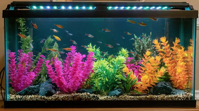 Home aquarium with small tropical fish swimming among colorful artificial plants and rocks under LED lighting
