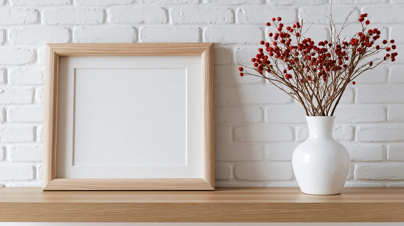 Wooden frame with white mat leaning on shelf beside white vase holding dried red berries against white brick wall