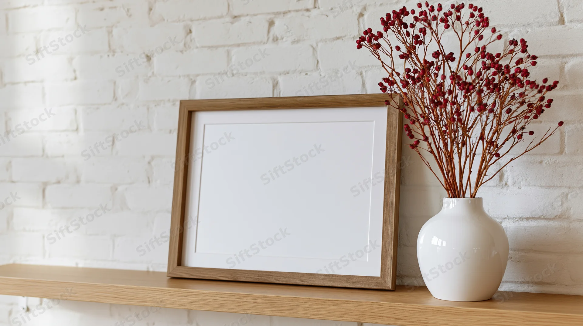 Wooden frame with white mat leaning on shelf beside white vase holding dried red berries against white brick wall