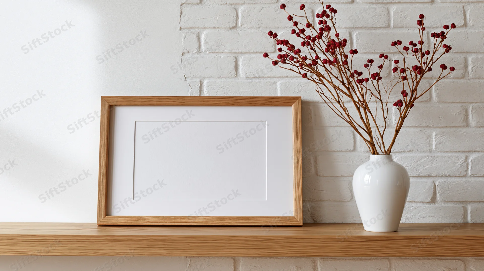 Wooden frame with white mat leaning on shelf beside white vase holding red dried flowers against brick wall